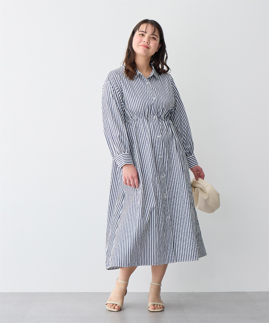 anyfee/プラスサイズ】ストライプ柄ドロストシャツワンピース Life