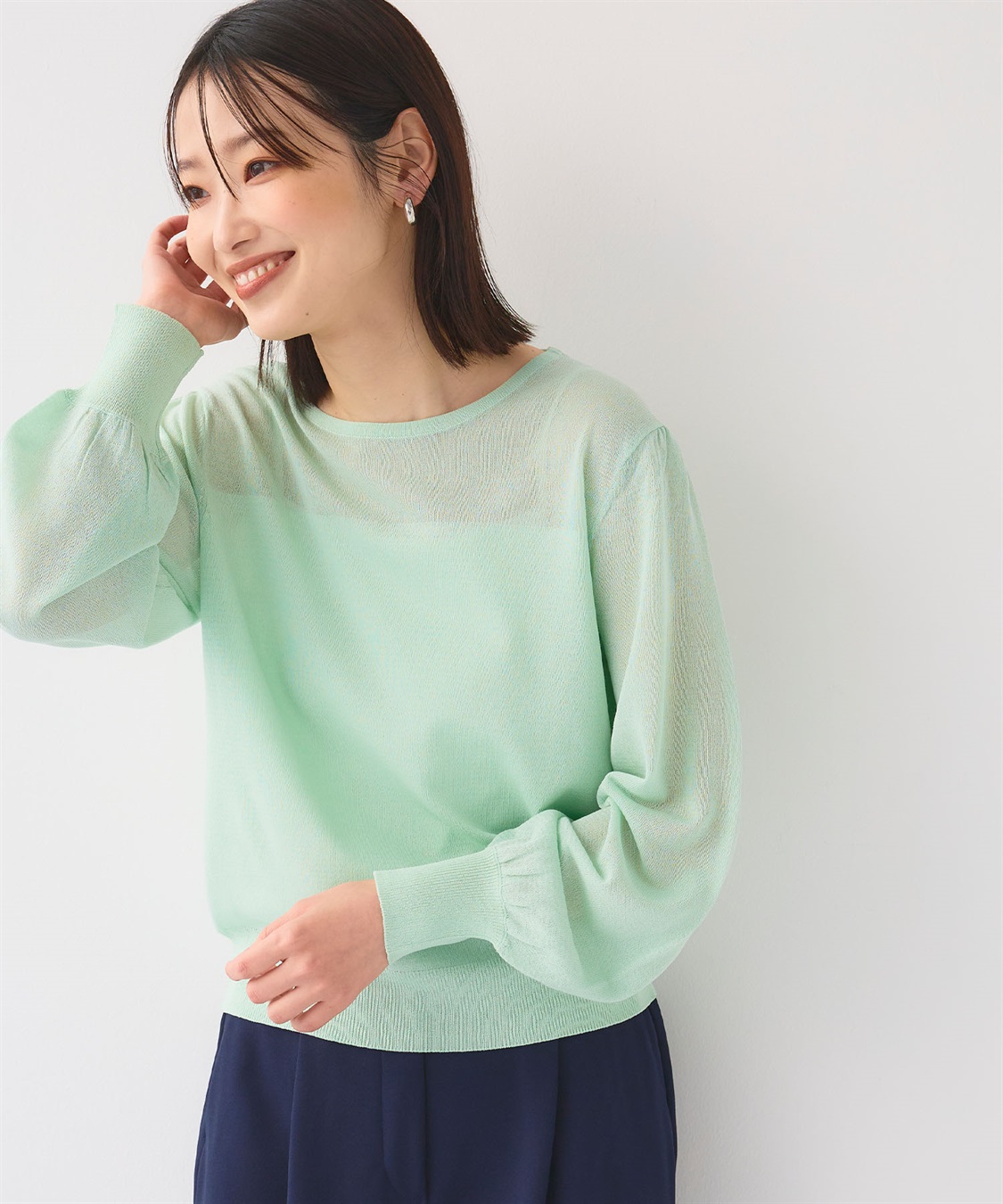 洗える》サマナチュラ シアー切り替えパフスリーブニットトップス
