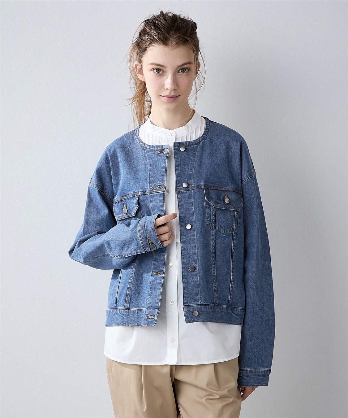 ノーカラーデニムジャケット LE SOUK HOLIDAY｜クロスプラス公式通販サイト