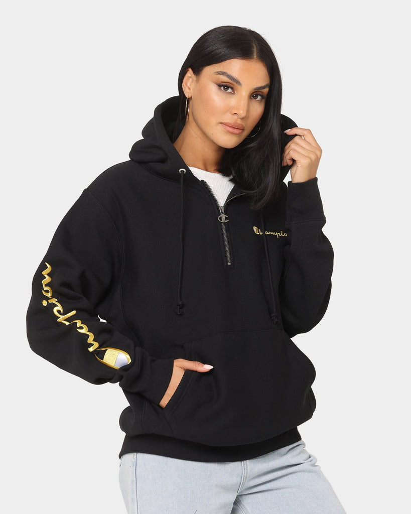 Champion Reverse Weave Quarter Zip Hoodie Black/Gold | Culture