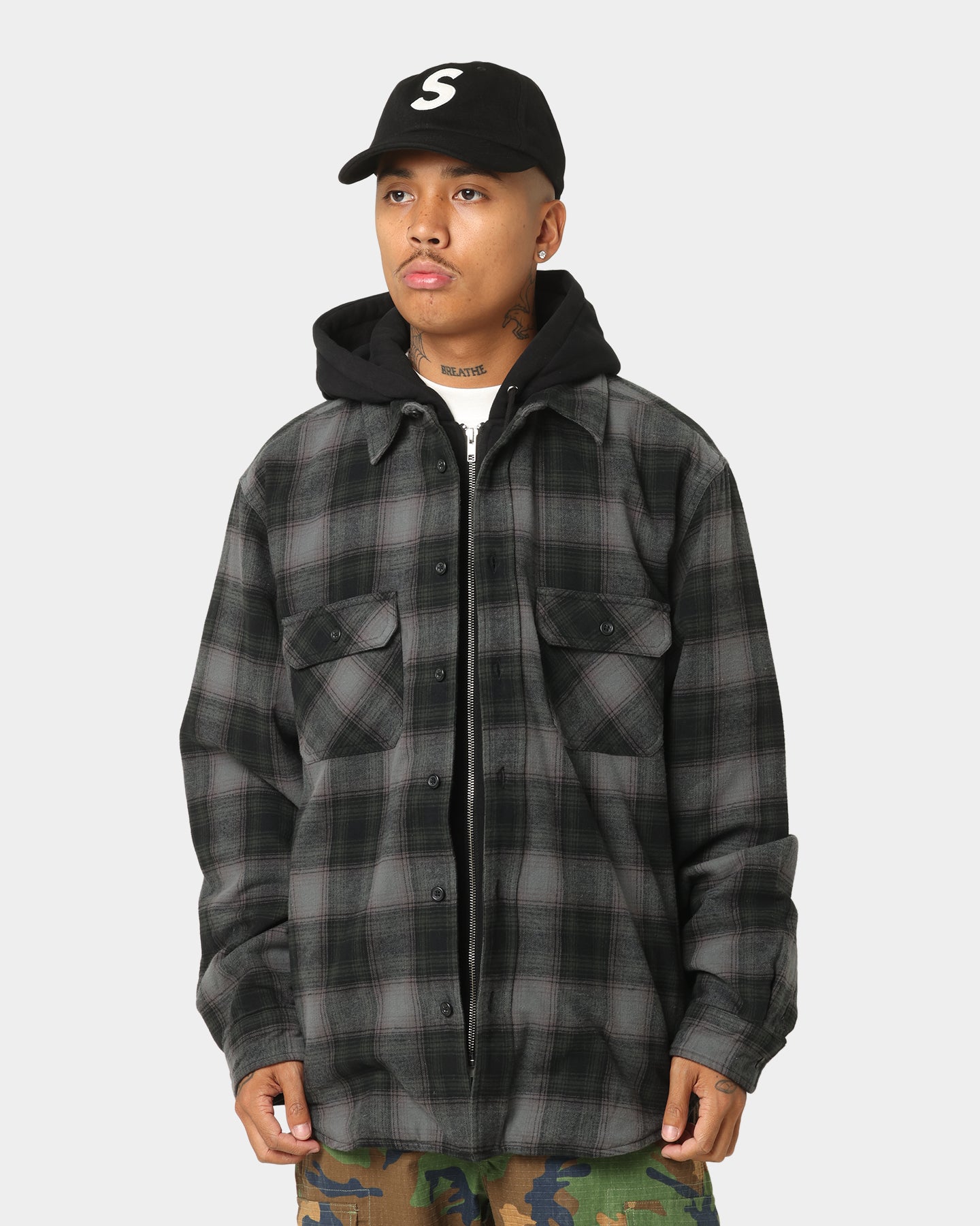 Supreme Hooded Flannel Zip Up Shirt Black | Culture Kings US