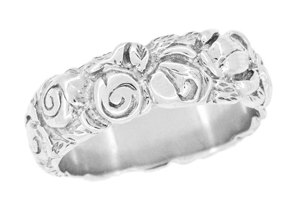Sterling Silver Engraved Roses Antique Wide Retro Band - Wedding