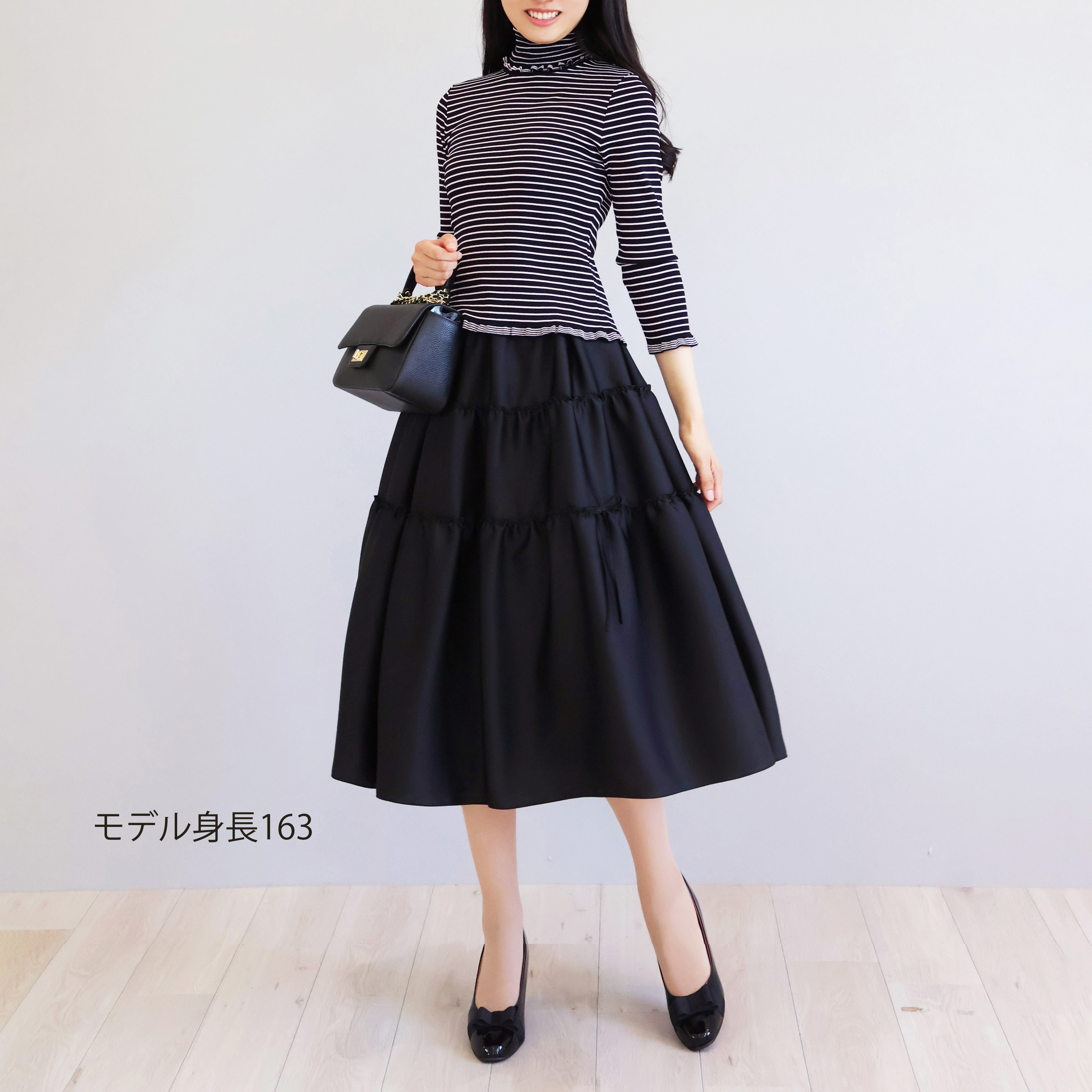 ボーダー柄 タートルネック 7分袖ストレッチプルオーバー【JM1278BD