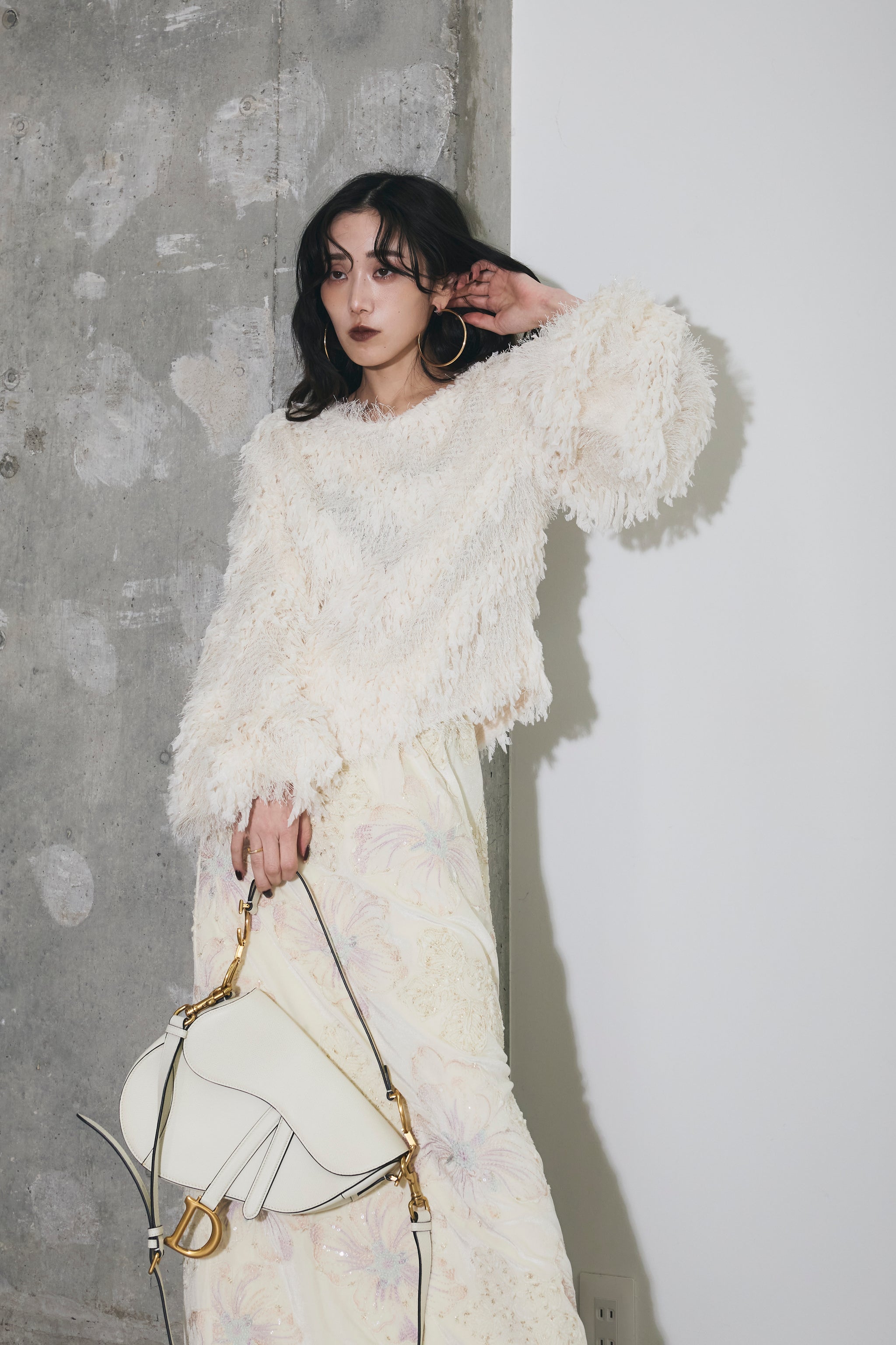 SET】フェザージャガードコントラストニット+ボタニカル刺繍ベロア