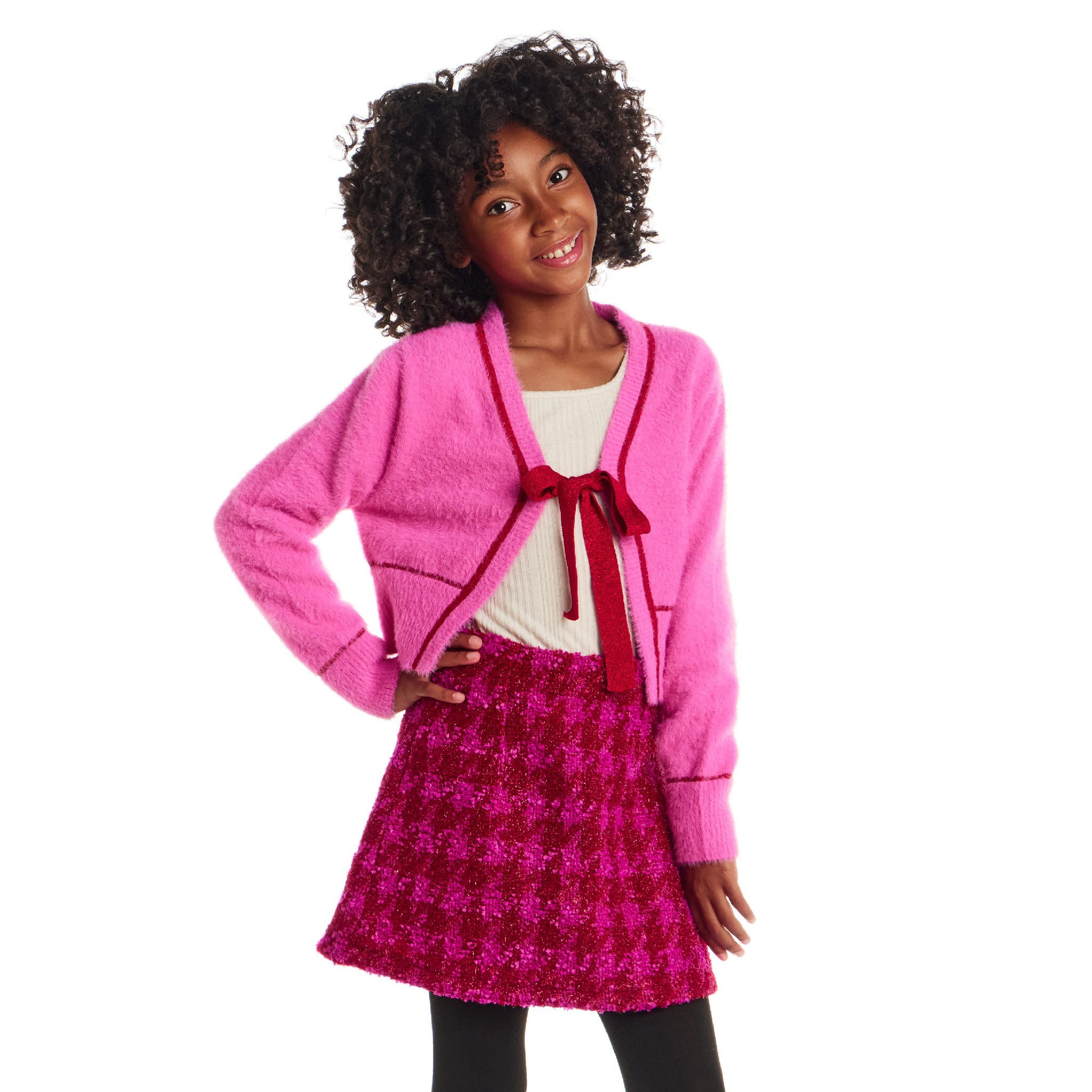Kids (7-16) Tie - Front Cardigan - Pink with Red Bow - Sweet