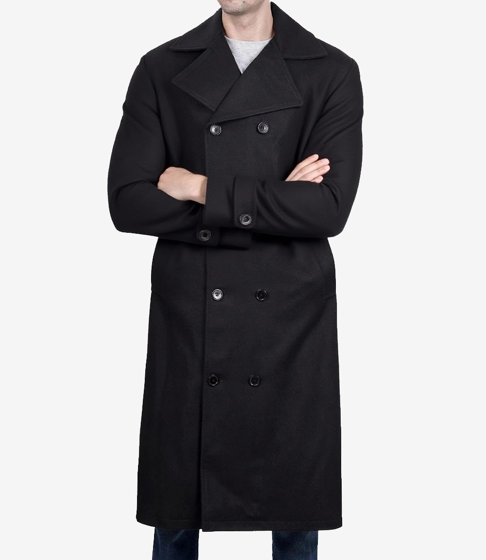 Mens Knee Length Black Wool Double Breasted Peacoat