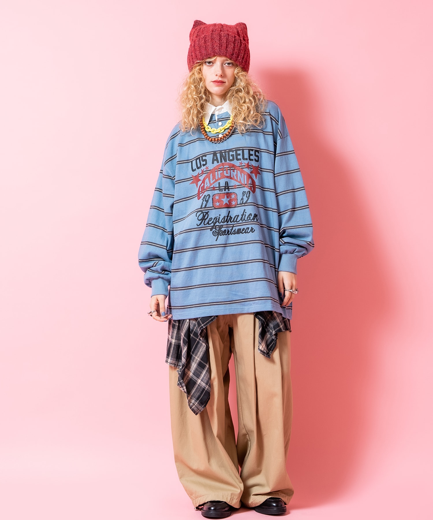 掠れアメカジプリントボーダー柄オーバーサイズラガーシャツ / ユニ