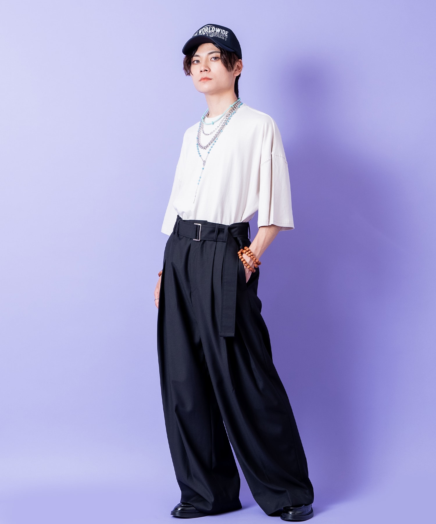 ロングベルトダブルタックドレープワイドパンツ / スラックス フレア