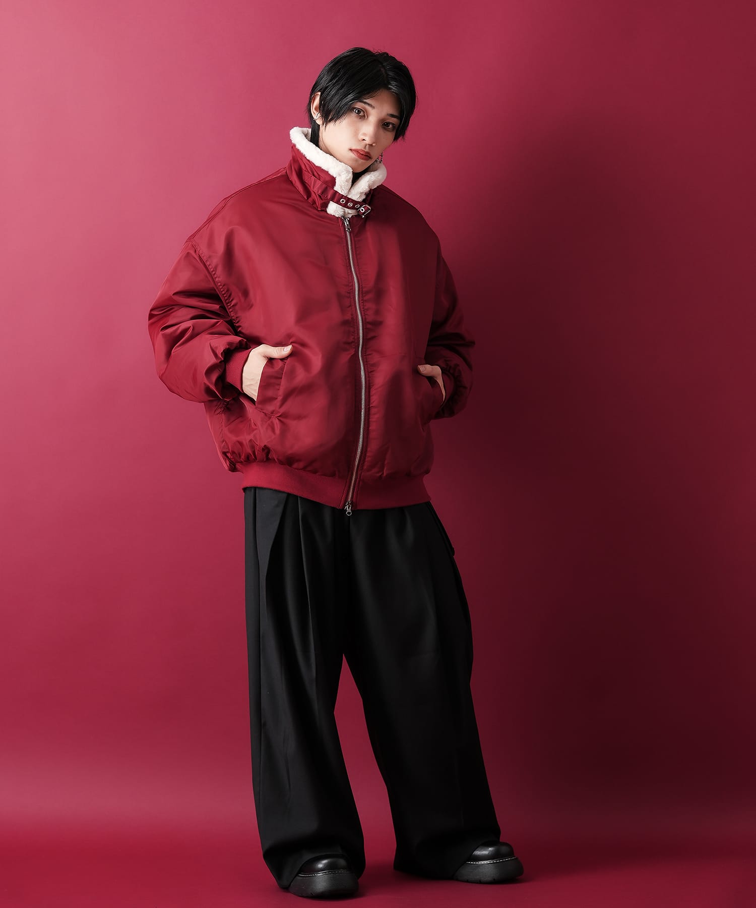 ファー襟ナイロン中綿オーバーサイズフライトジャケット / ミリタリー