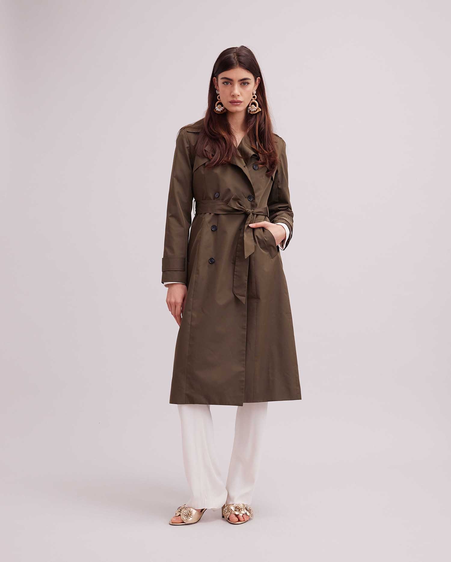 Olive Green Silk Lined Trench Coat: Women's Luxury Jacket | Anne