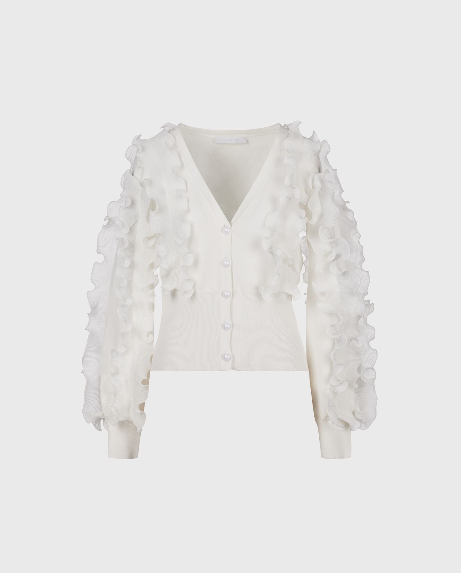 CILINE White Long Sleeve V-Neck Ruffle Cardigan | ANNE FONTAINE