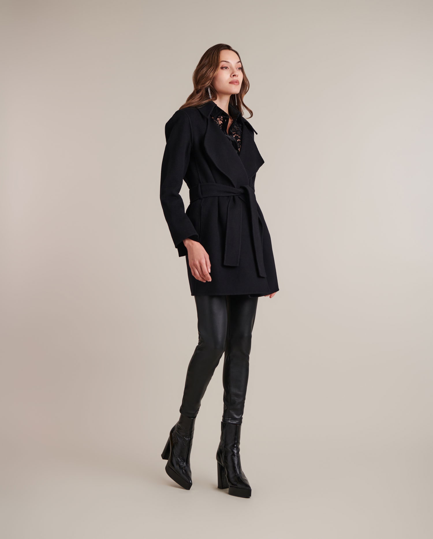 DELACROIX Black Belted Wool Blend Coat With Large Notched Lapel