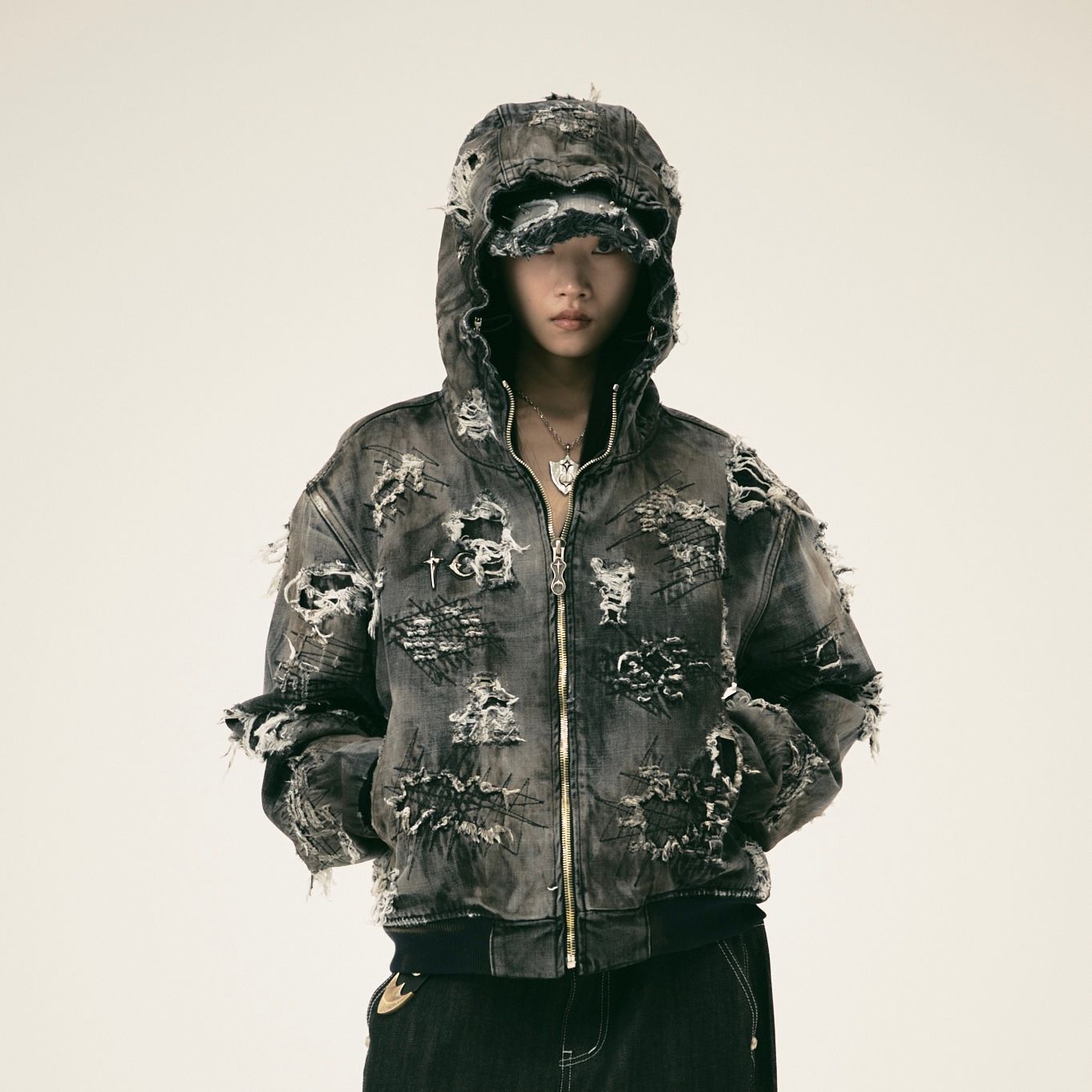 Thug Club - 【残り一点】Hard-Washed Damaged Denim Hooded Zip Up
