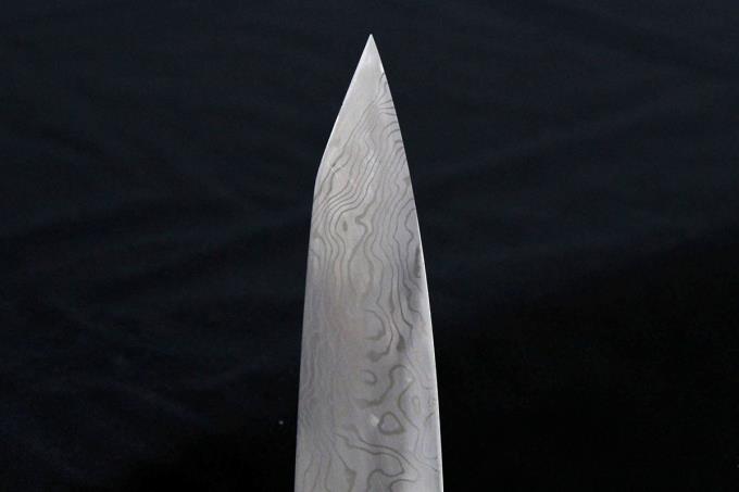 切付包丁 九寸 積層鋼 上下水牛 銀巻花梨瘤八角柄 白鞘付 λA498-2L3C