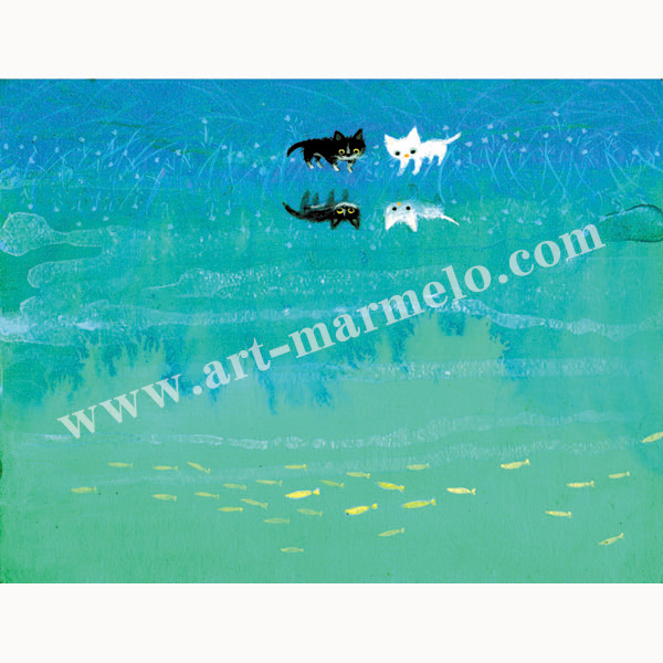 Y【保管品】渡辺あきお 海辺の出会い ねこ 海 版画 限定 17/100 レア