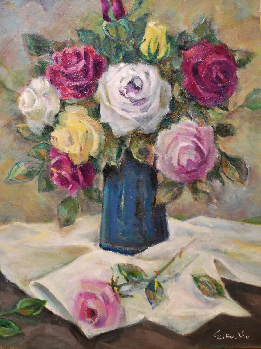 881☆油彩 伊藤辰作 「バラ」 静物画 薔薇 SM号 1970年 薔薇」 by