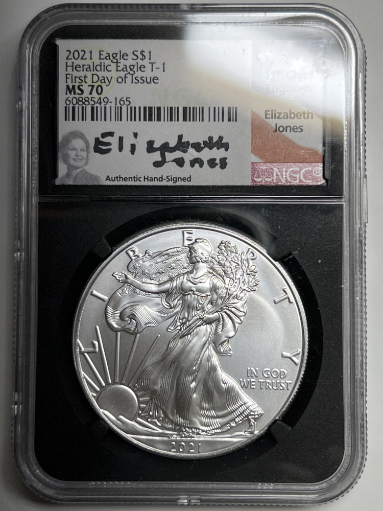 2021 1 oz Silver Eagle NGC MS70 Elizabeth Jones Signed FDOI T-1