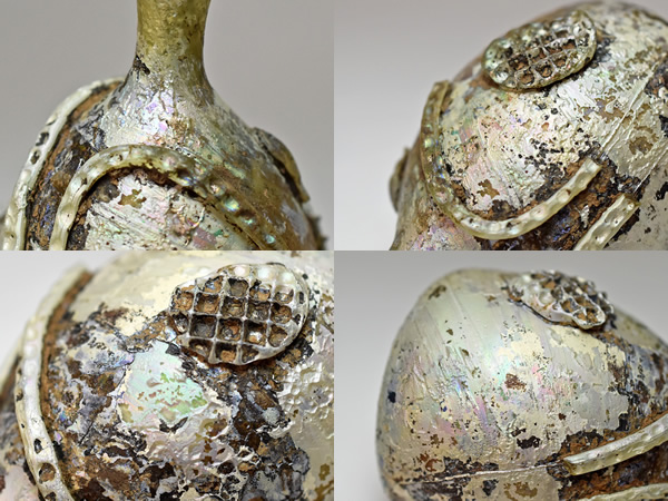 1908】古代ローマングラス装飾付濃厚銀化瓶 ボトル(高さ約9.0Cm