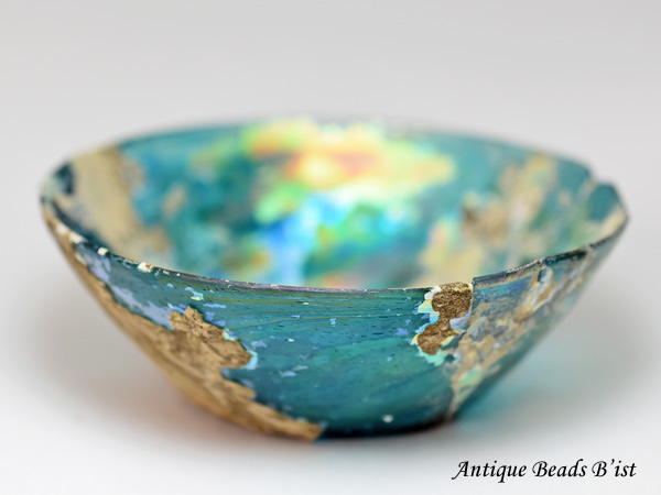 1909】古代ローマングラス半透明エメラルドブルー虹色銀化碗(口径約