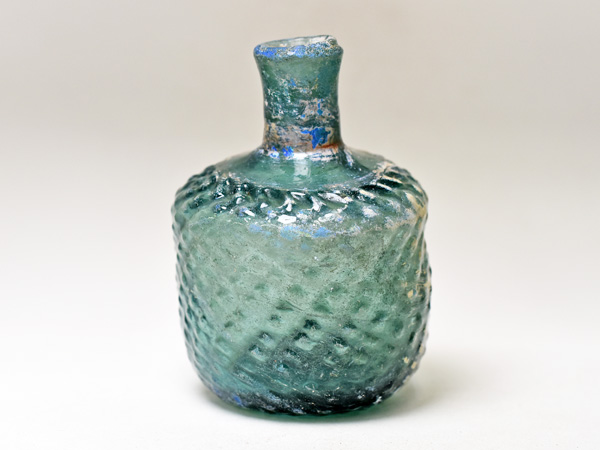 2508】古代ローマンガラス緑色銀化斜め格子柄瓶 ボトル(高さ約9.1Cm