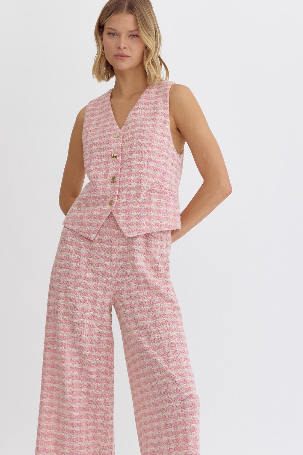 Tweed V-Neck Cropped Sleeveless Vest Top Pink - Southern Fashion