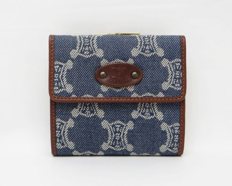 美品】 セリーヌ 折り財布 トリオンフ マカダム柄 デニム レザー