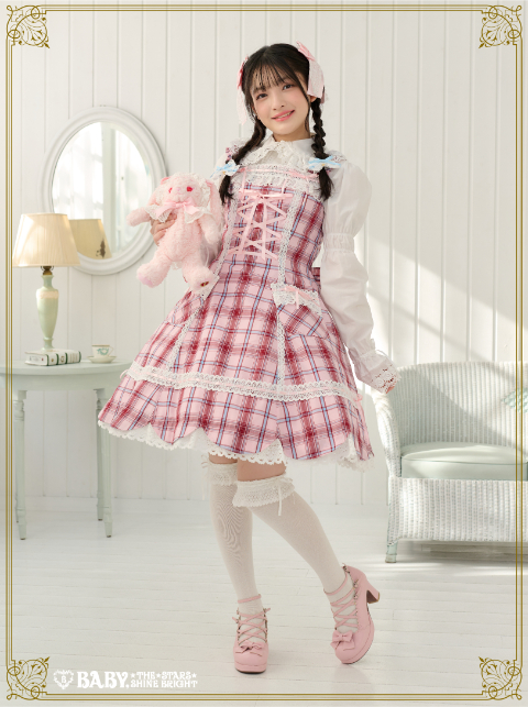 裾スカラップタータンチェックジャンパースカート＆リボンコームセット