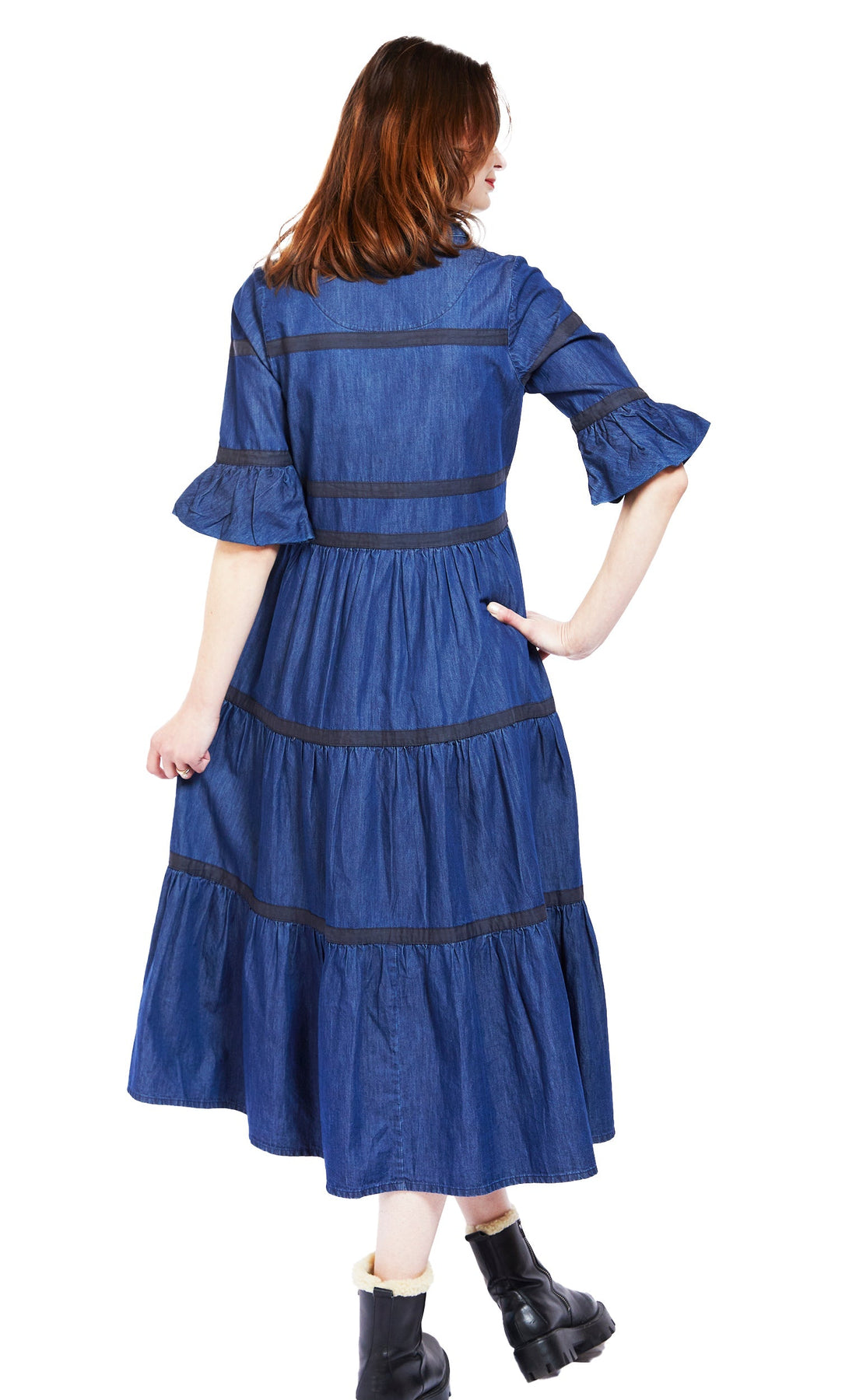 Dizzy-Lizzie Miami Midi Dress - Denim With Black Ribbon Trim