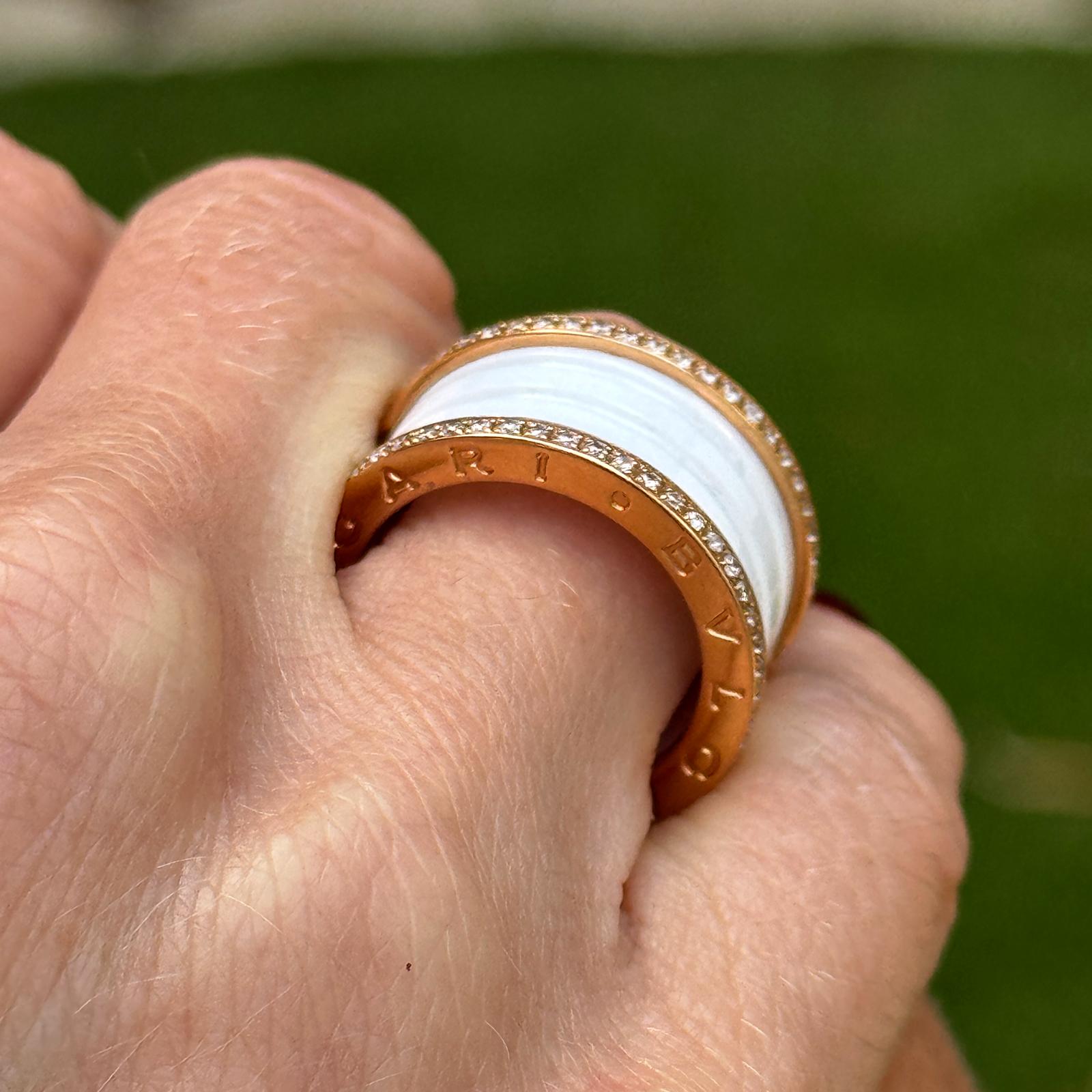 Bvlgari B.Zero1 Diamond White Ceramic 18KRG Band Ring B&P's Size 54 (U