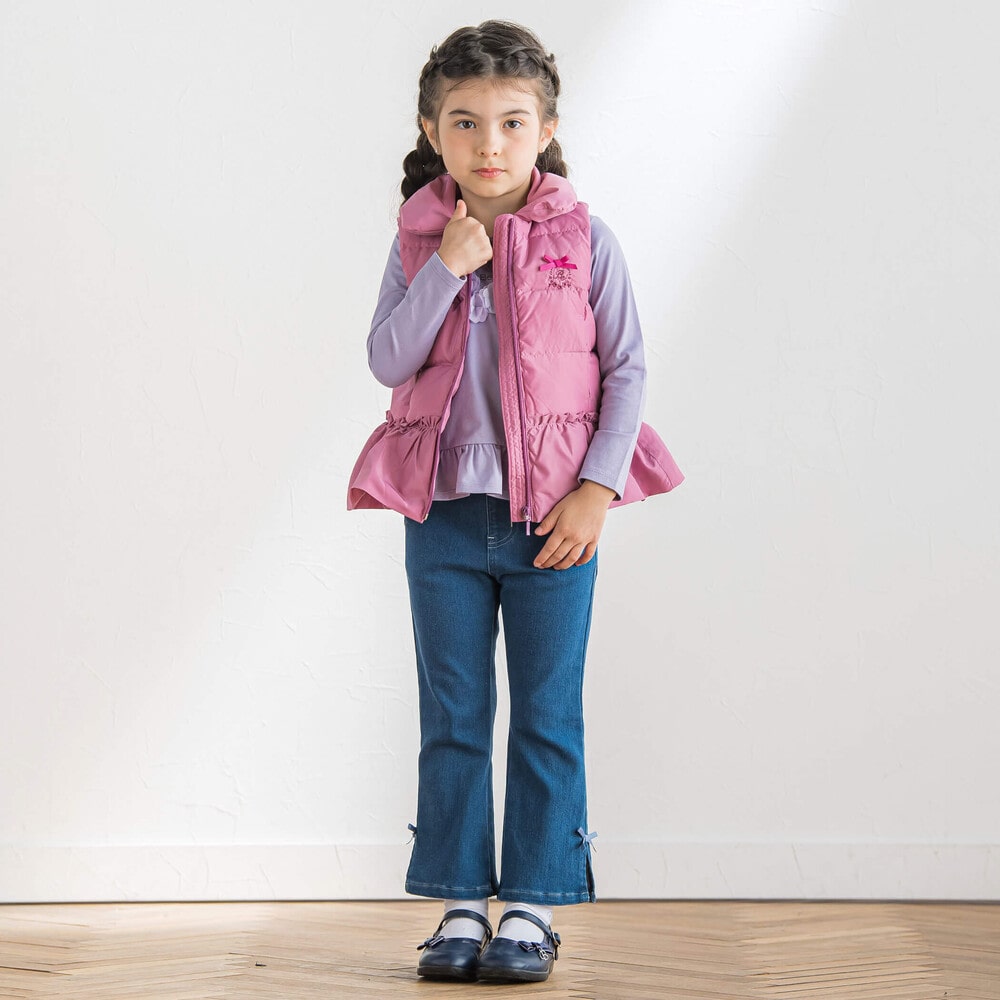 撥水加工】ペプラムフリルタフタダウンベスト(90~150cm)(90cm ピンク