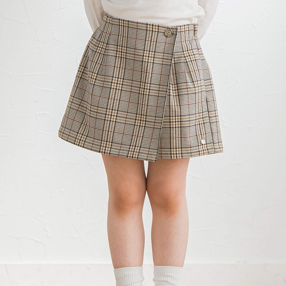 チェックストレッチスカートパンツ(100~140cm)(100cm ベージュ系