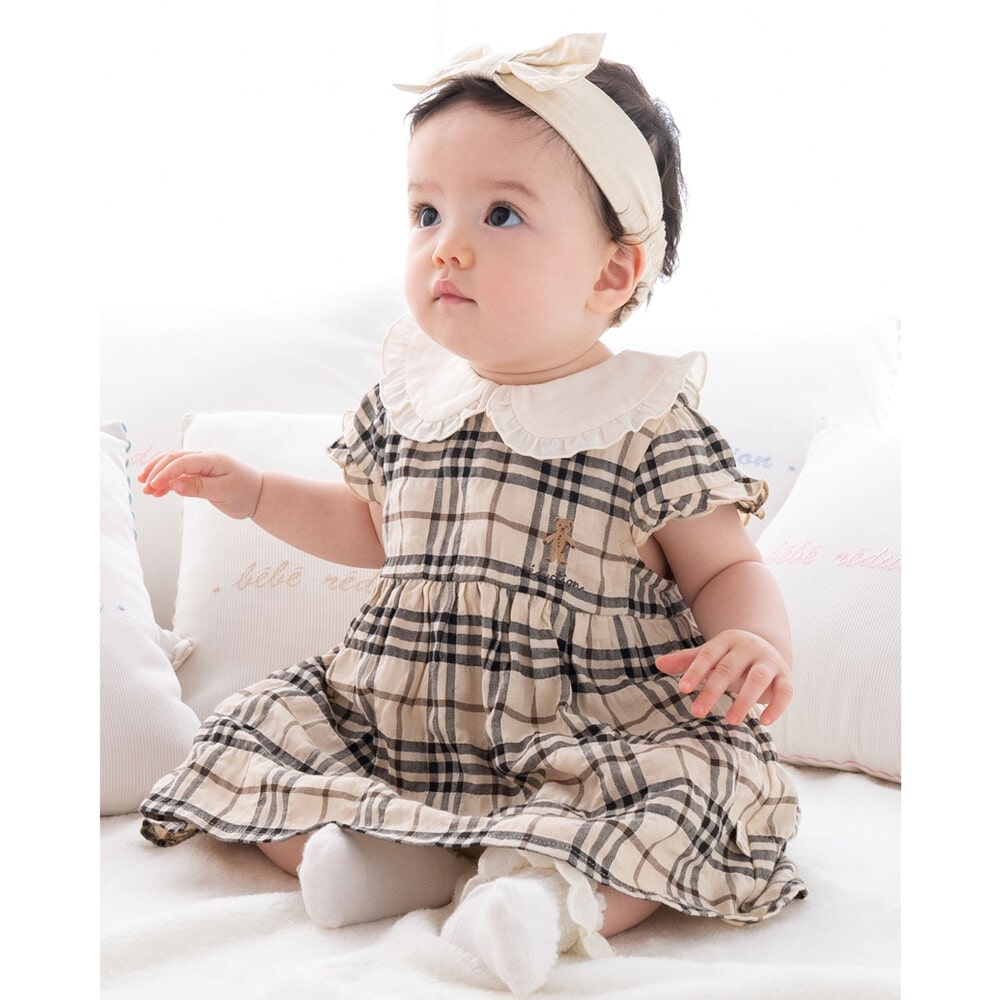 オーガニック 】 ブルマ 付き チェック 柄 クマ ワンピース (70~90cm