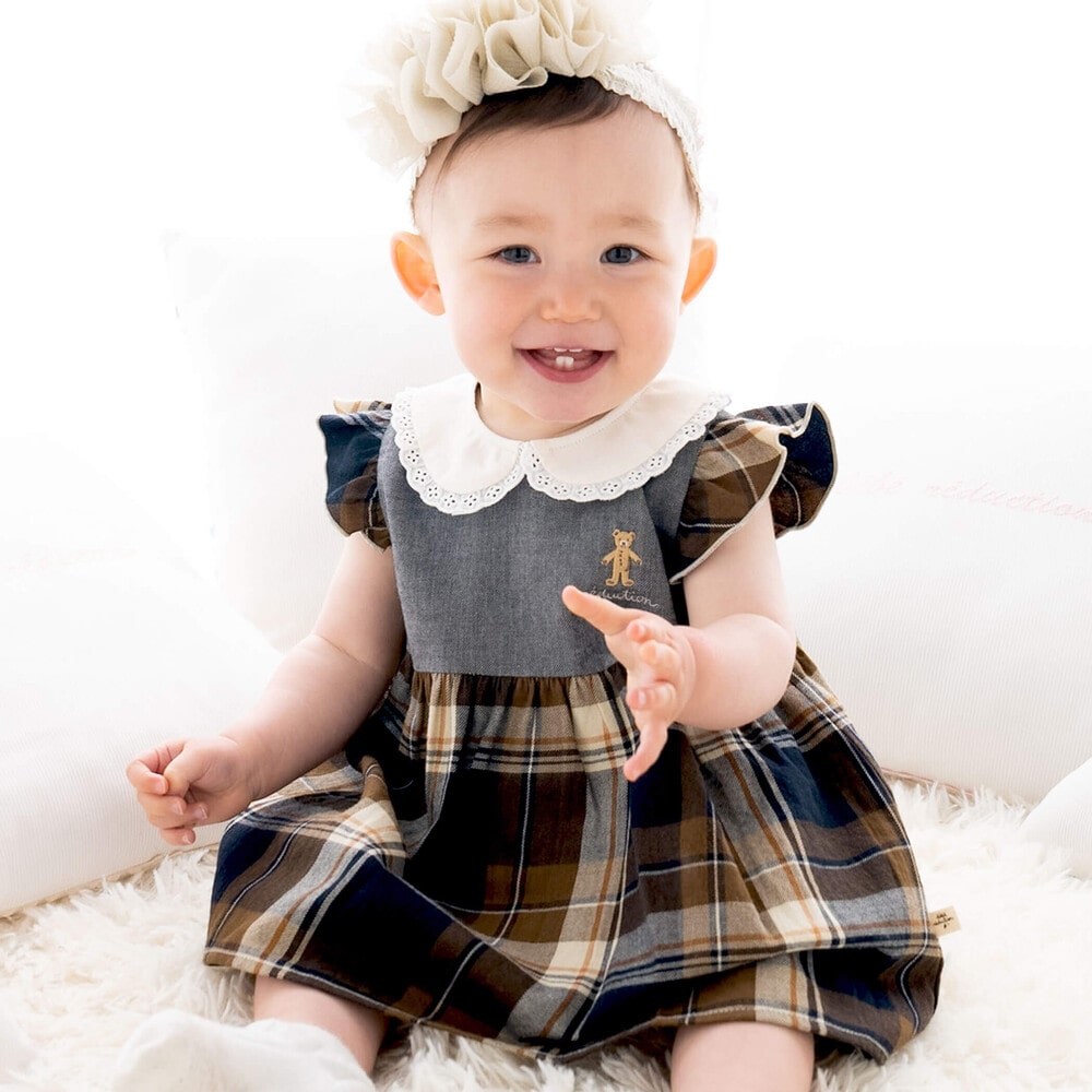 オーガニック 】ブルマ付きチェックくまワンピース(70~90cm)(S(70-80cm