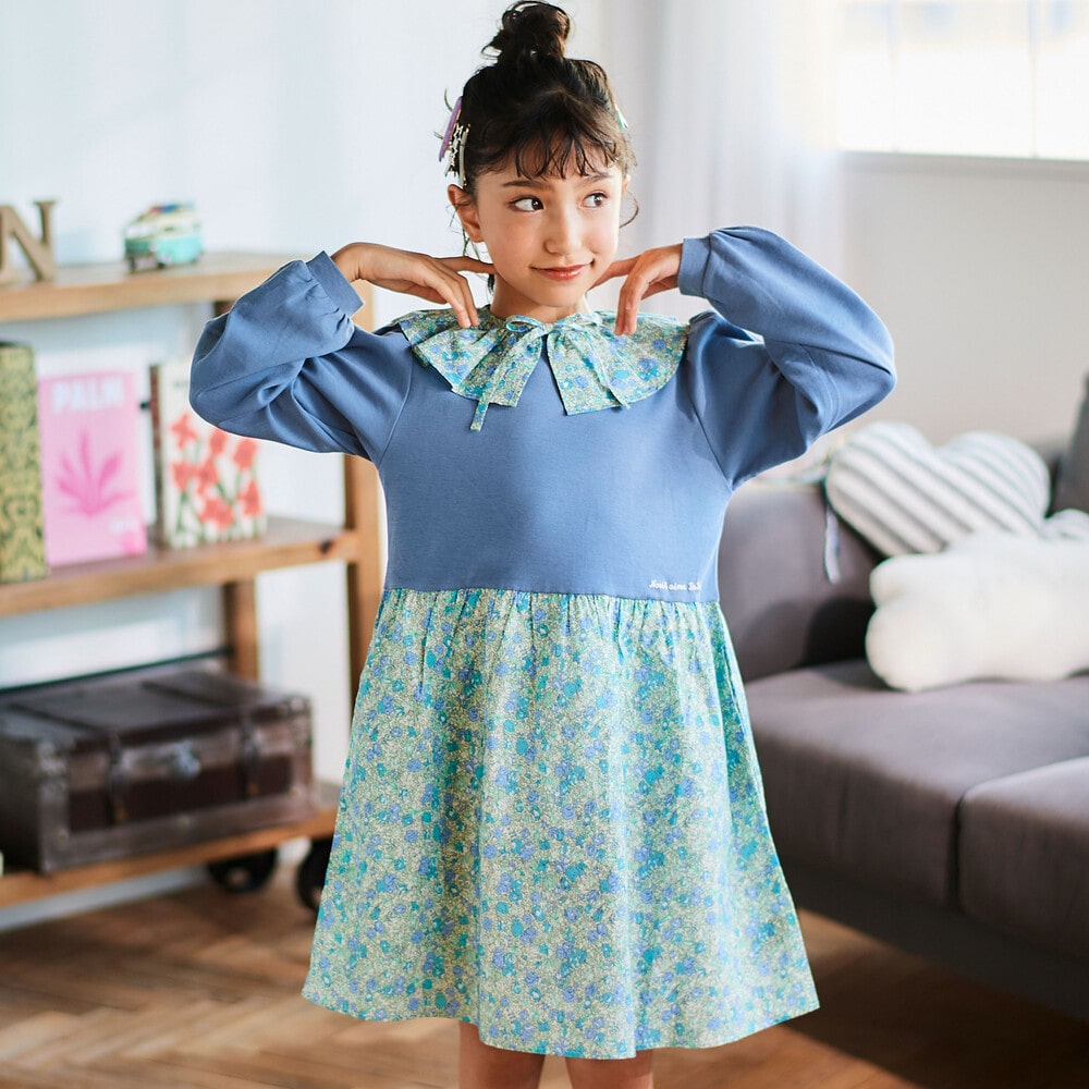 お揃い】花柄付け襟＋花柄切り替えスムース長袖ワンピース(80~130cm