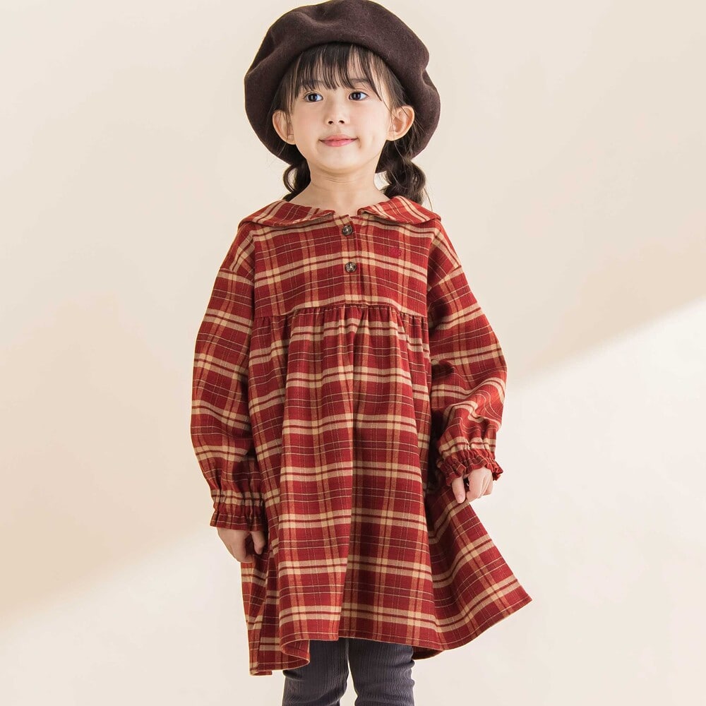 お揃い】チェック柄セーラー襟ワンピース(80~130cm)(80cm レッド系