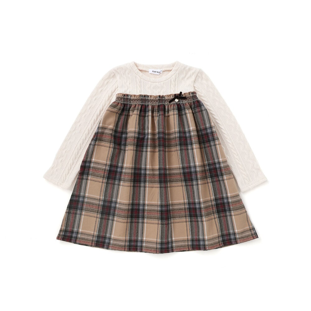 お揃い】ケーブルチェック切り替えスモッキングワンピース(80~130cm