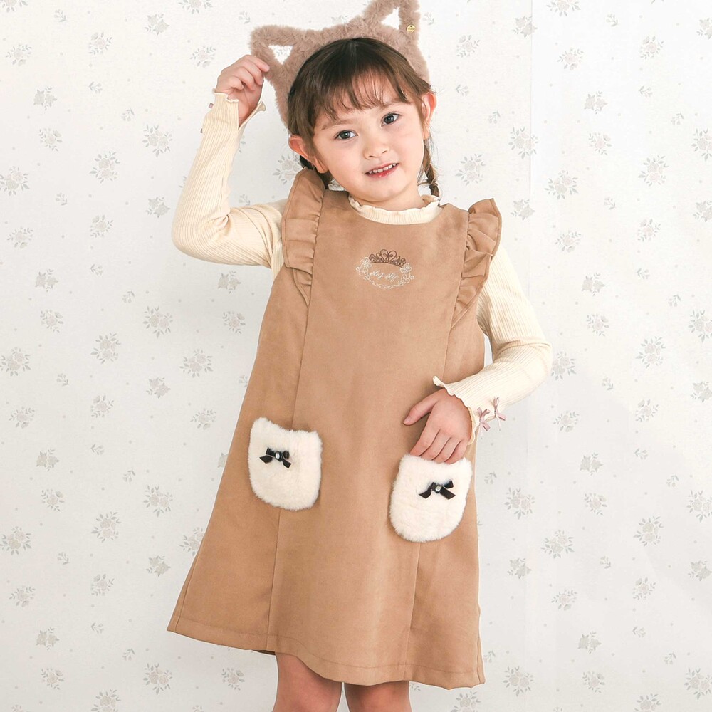 肩フリルリボン付きファーポケットジャンパースカート(90~130cm)(90cm