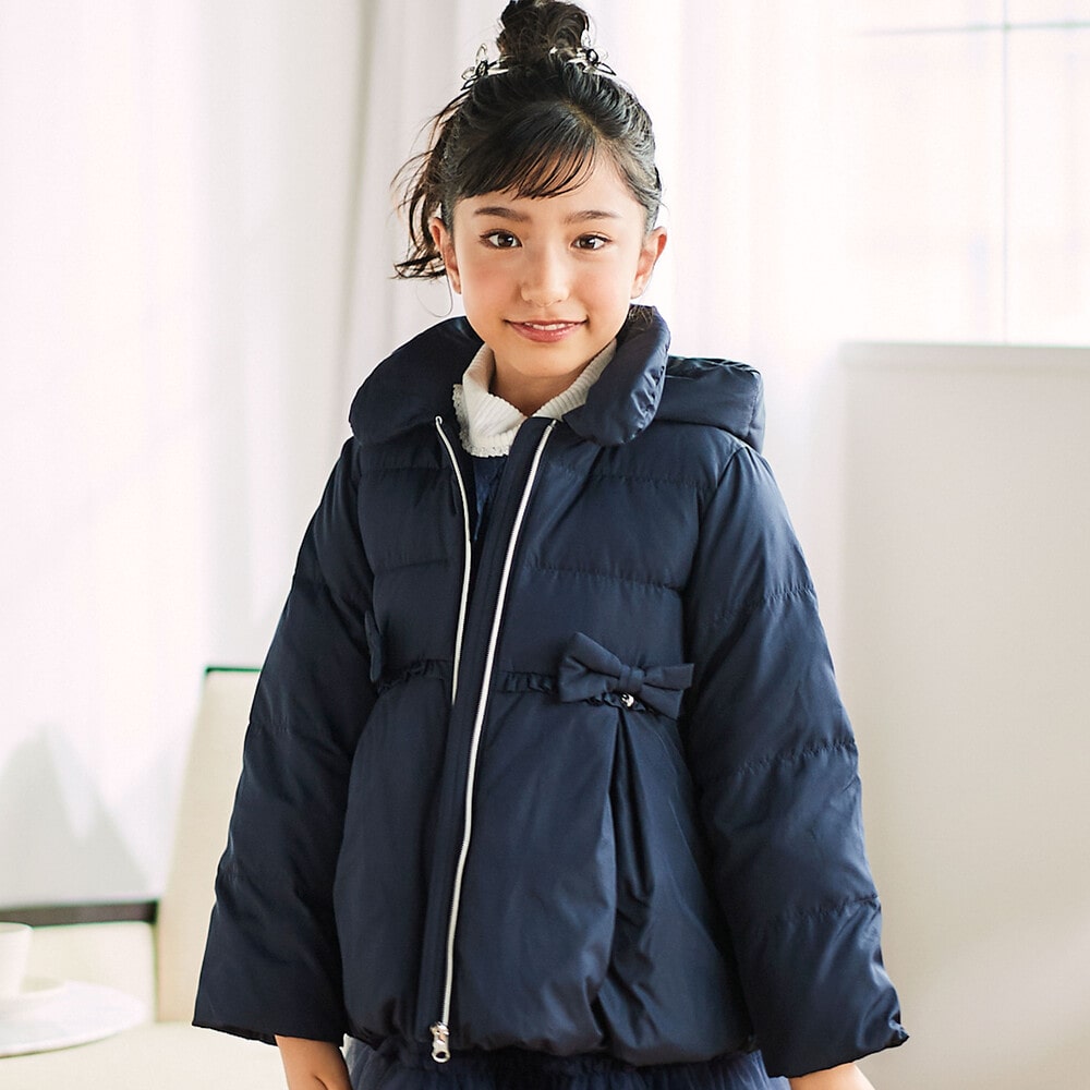 フード付き腰リボンペプラムダウンコート(90~130cm)(90cm ネイビー