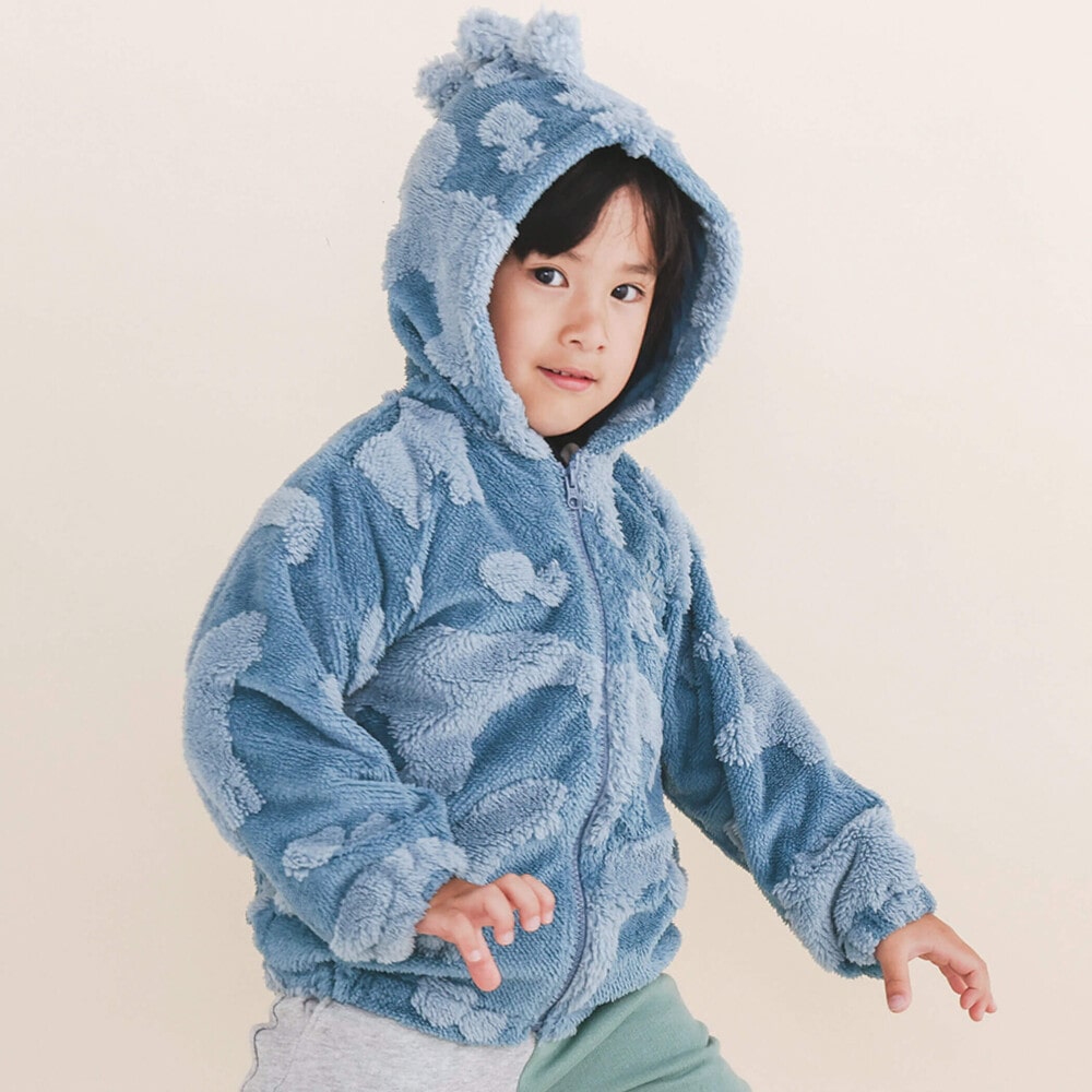 お揃い】恐竜柄トサカフードしっぽ付ジップアップボアパーカー(80