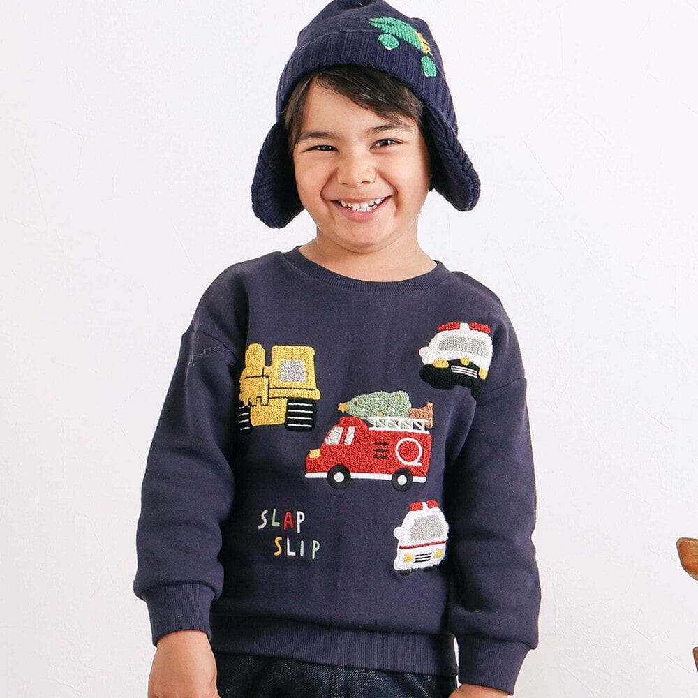 裏起毛】はたらくくるまイヌ恐竜サガラ刺しゅうトレーナー(80~130cm