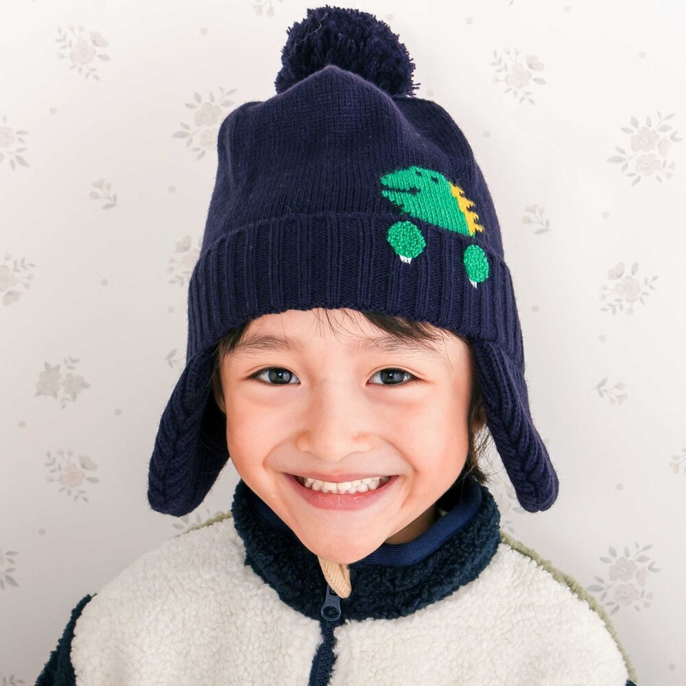 消防車恐竜耳当て付きニット帽(S~M)(S ネイビー(恐竜)): グッズ【べべ