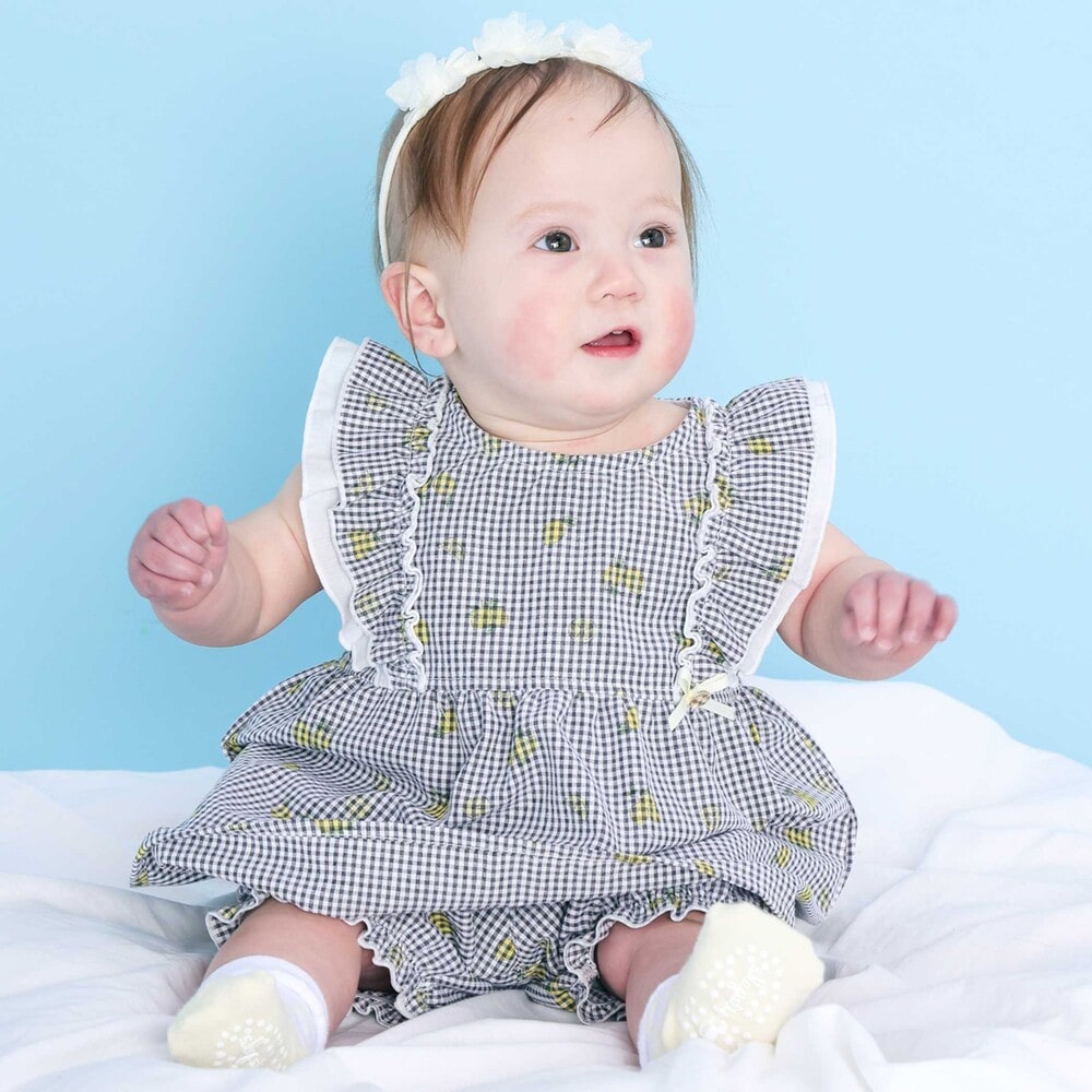 お揃い】イチゴレモンフルーツ柄チェック切り替えワンピース+ブルマ