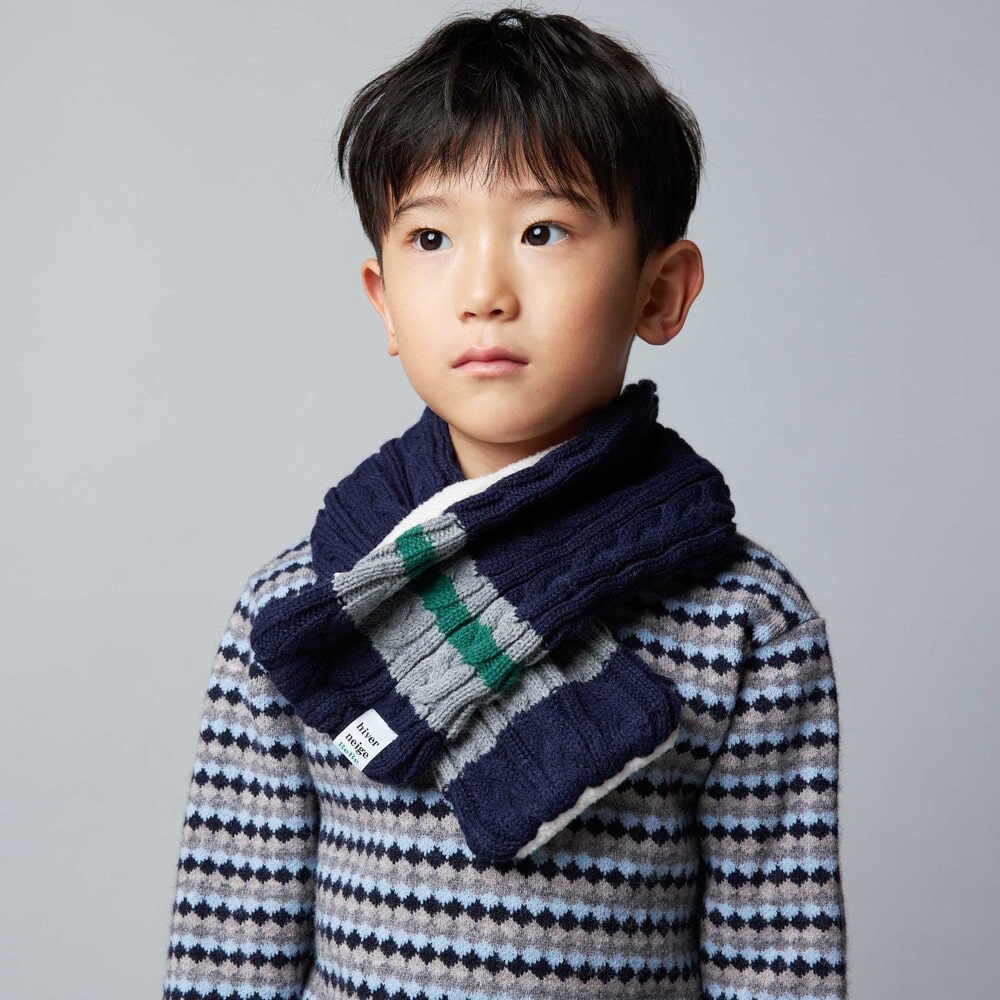 お揃い】ケーブル編みライン配色ニットマフラー(ワンサイズ ネイビー