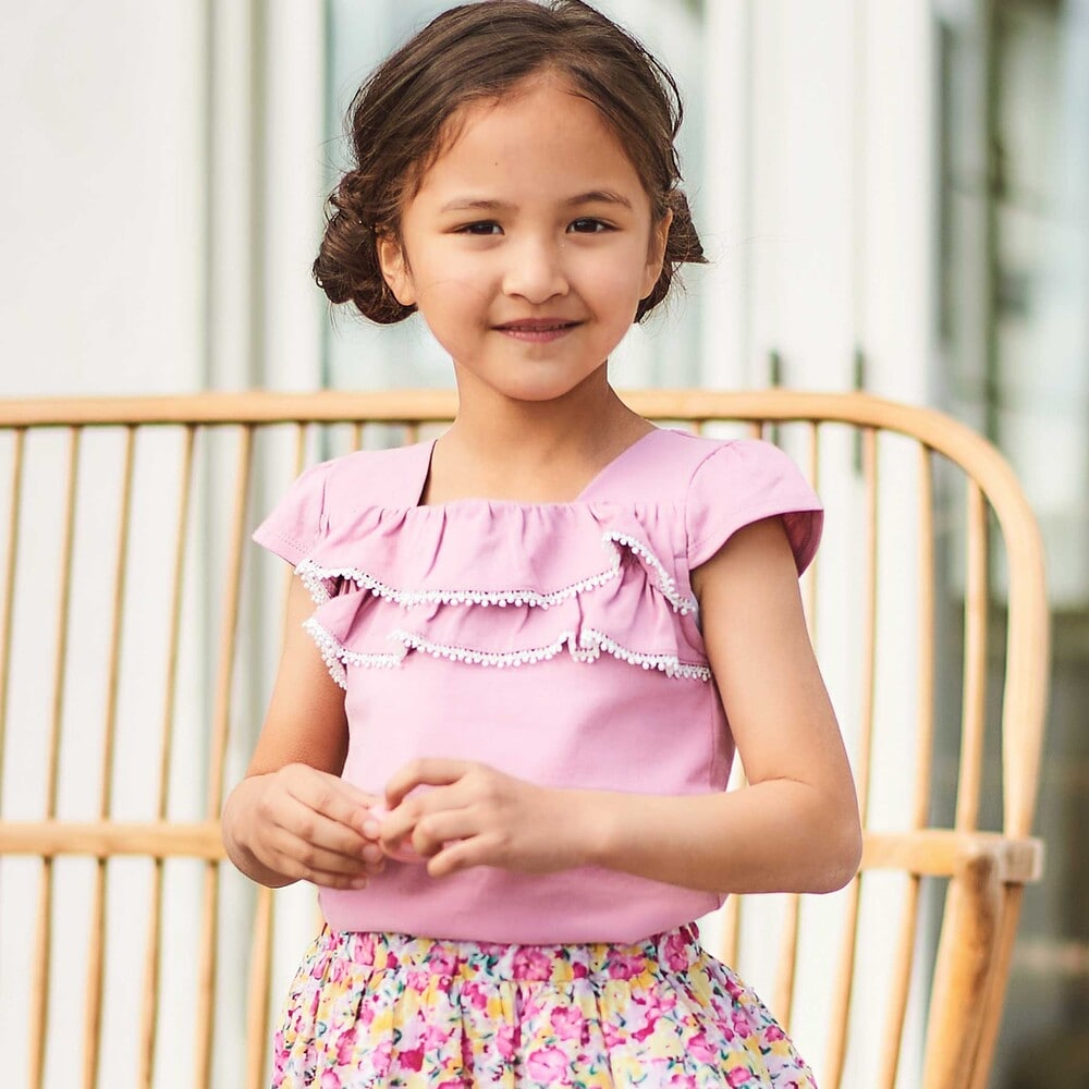 キャップスリーブスクエアネックフリルTシャツ(90~150cm)(90cm ピンク