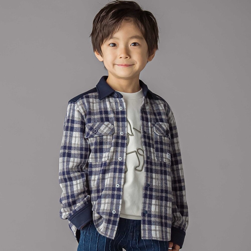 配色切り替えニットチェックシャツ(95~150cm)(95cm ネイビー系