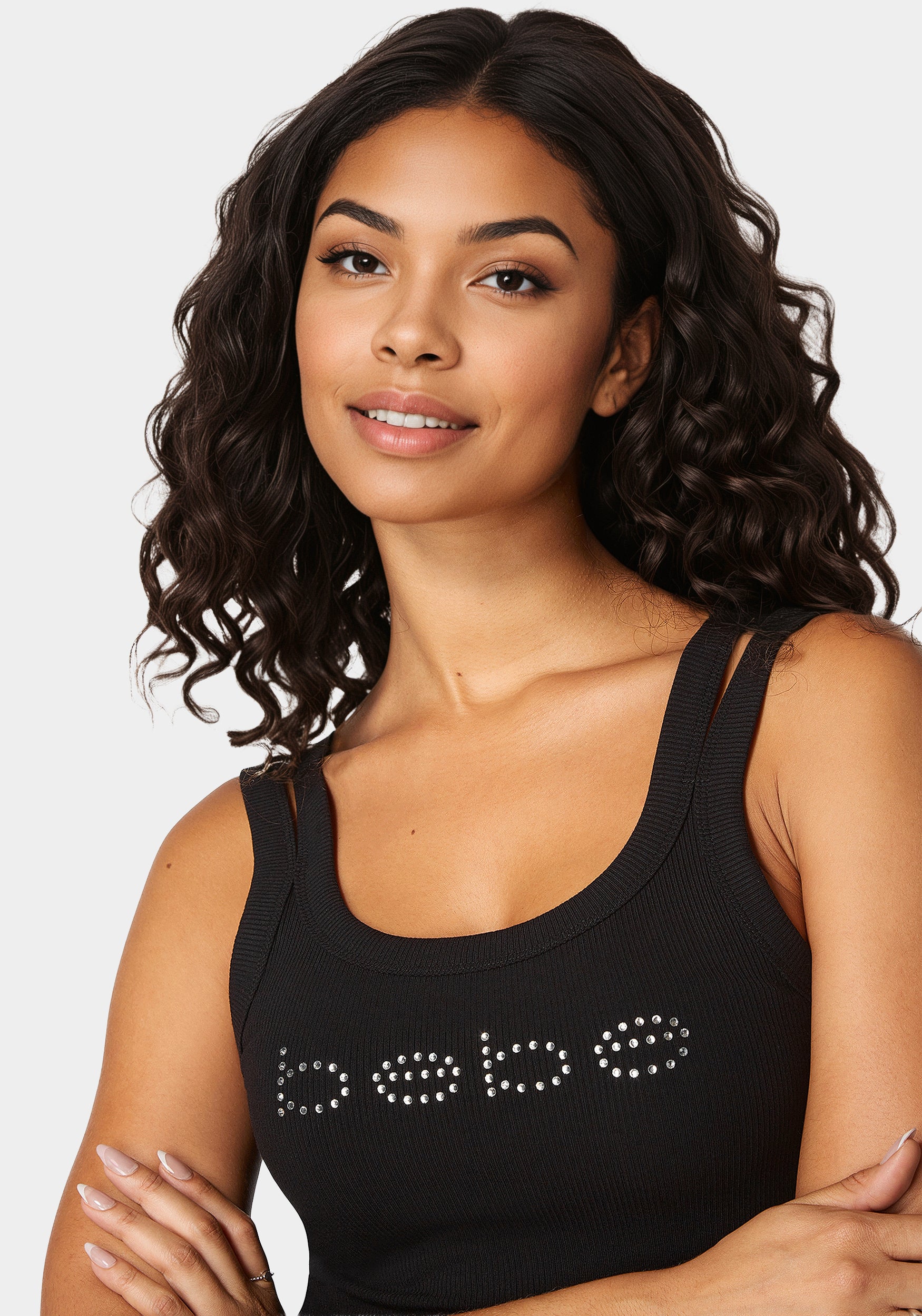 Bebe Logo Double Strap Single Stone Rib Top Black - bebe