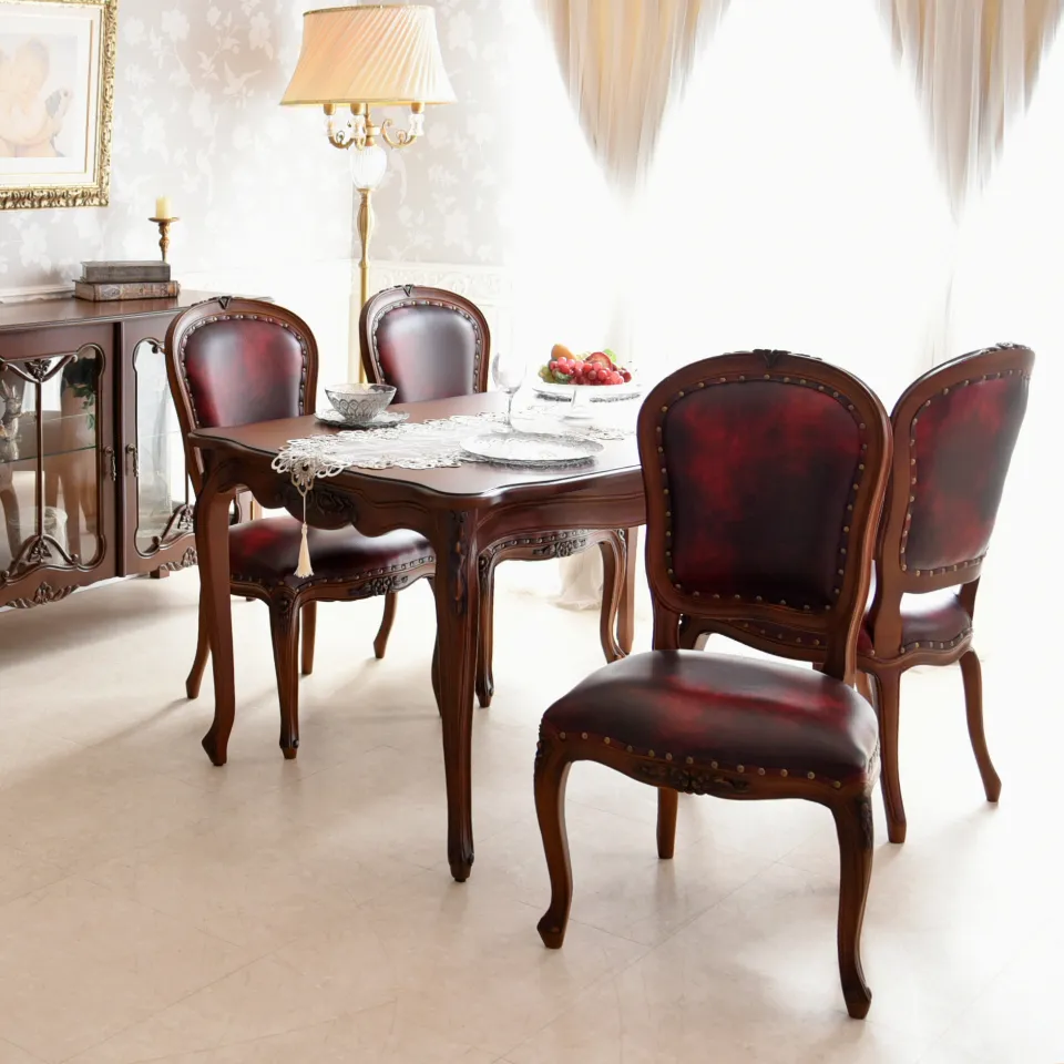 英国調 ダイニングチェア ブラウン ワインレッド 合皮 猫脚 ｜ロココ調