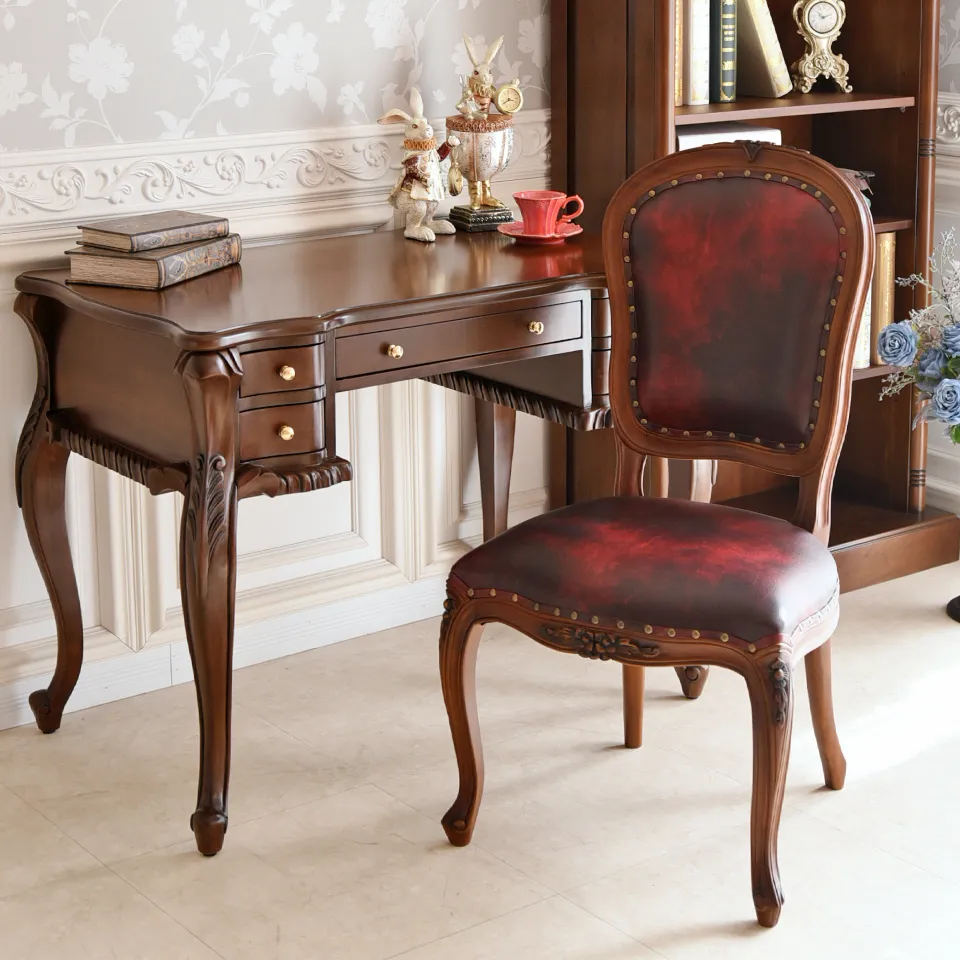 英国調 ダイニングチェア ブラウン ワインレッド 合皮 猫脚 ｜ロココ調