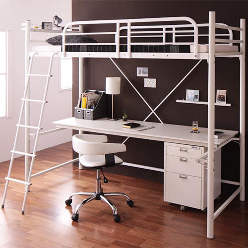 ベッドもデスクも両方ゲット 3段可動デスク&コンセント宮棚付きロフト