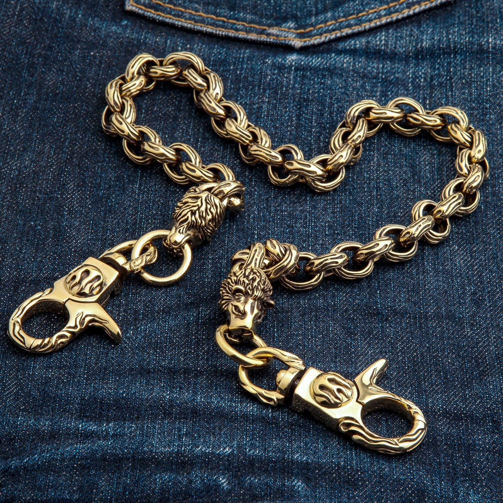 Solid Brass Lion Head Wallet Chain — 216g | Bikerringshop